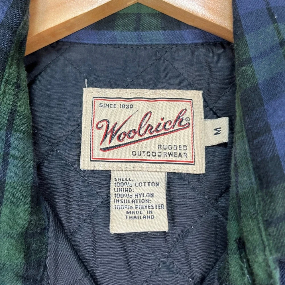 Woolrich Button Down Flannel Mens Medium Green Blue Plaid Quilted Lining Shacket - Picture 6 of 9